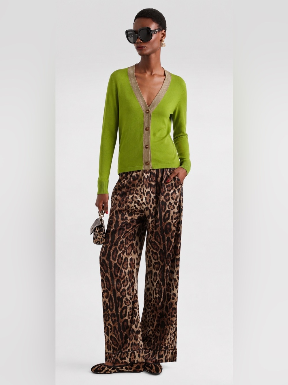 Dolce & Gabbana Green Knit Metallic Gold Trim Cardigan Sweater
